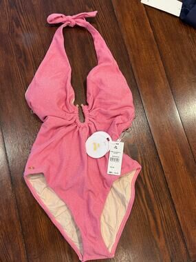 NWT PQ Swim Sorbet Plunge Detail One Piece Swimsuit Pink Lurex Halter Size M